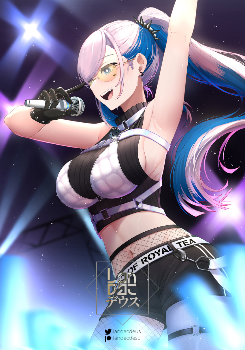 arm_up armpits asymmetrical_legwear blue_hair breasts chest_belt colored_inner_hair crop_top earrings female fishnet_pantyhose fishnets gloves glowstick grey_hair highres hololive hololive_indonesia jewelry landacdeus large_breasts long_hair microphone midriff mismatched_legwear multicolored_hair navel open_mouth orange-tinted_eyewear pantyhose pavolia_reine pavolia_reine_(streetwear) ponytail shorts sleeveless smile solo sunglasses sweat thigh_strap tinted_eyewear virtual_youtuber yellow-tinted_eyewear