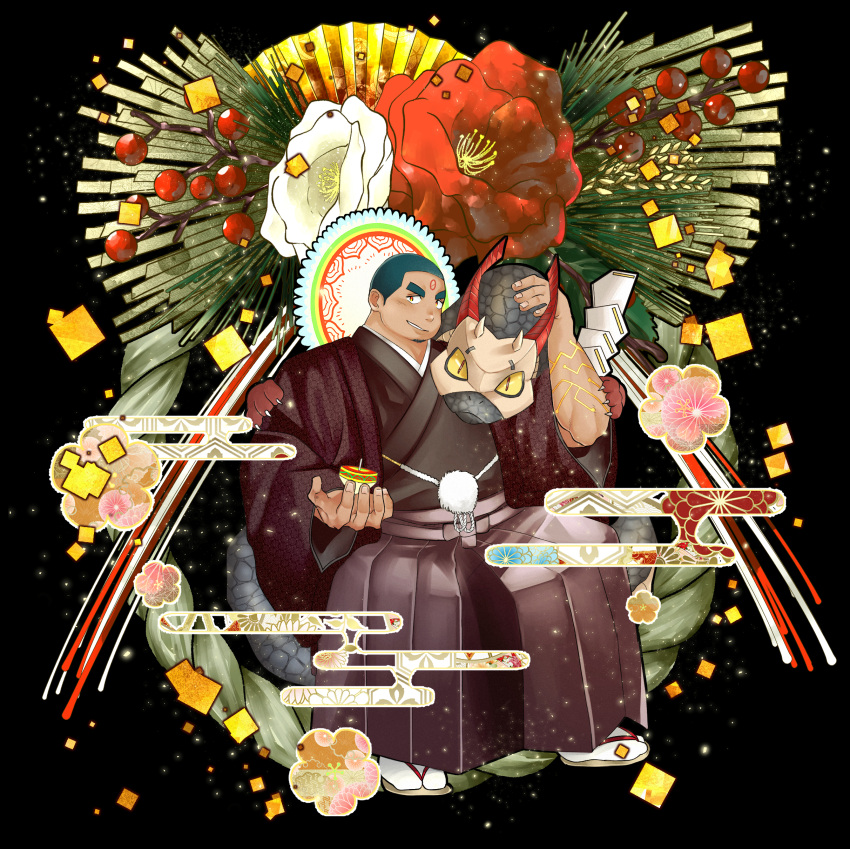 1boy absurdres alternate_costume arm_up bara buzz_cut checkered commentary dark-skinned_male dark_skin egasumi facial_hair flower hakama halo halo_behind_head haori haori_himo highres itaru_(kidomh63) japanese_clothes kimono looking_at_viewer male_focus mature_male muscular muscular_male open_mouth shimekazari short_hair sideburns smile solo spinning_top tabi thick_eyebrows tokyo_afterschool_summoners tvastar_(housamo) very_short_hair vritra_(housamo)