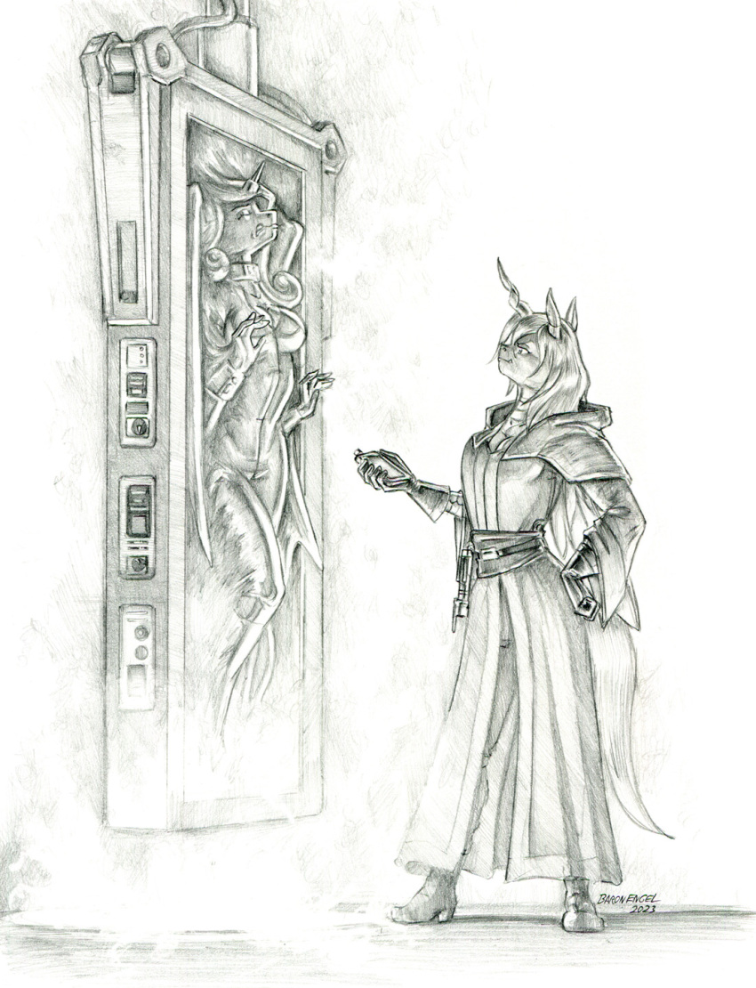 2023 anthro arthropod baron_engel belt bound breasts carbonite changeling clothing encasement female friendship_is_magic gloves graphite_(artwork) hair handwear hasbro hi_res holding_object horn lightsaber melee_weapon monochrome my_little_pony pencil_(artwork) princess_cadance_(mlp) queen_chrysalis_(mlp) sith solo star_wars traditional_media_(artwork) weapon