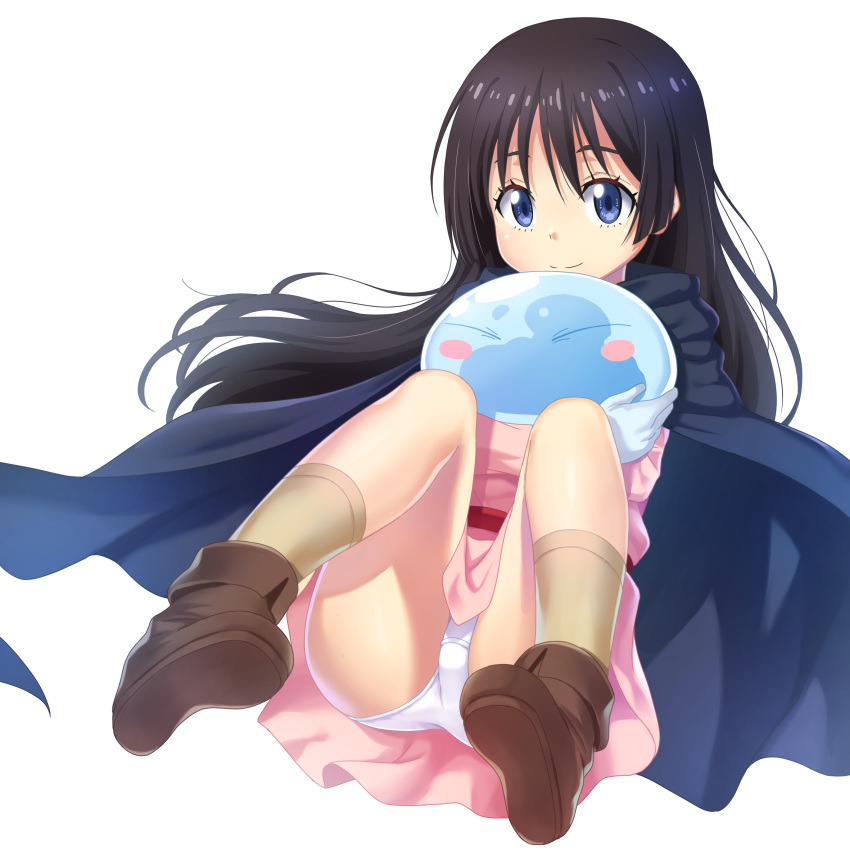 black_hair blue_cloak blue_eyes blush_stickers boots brown_footwear brown_legwear chloe_aubert cloak closed_mouth commentary_request dbmaster dress female full_body highres knees_up long_hair panties pink_dress rimuru_tempest rimuru_tempest_(slime) shoe_soles simple_background smile socks tensei_shitara_slime_datta_ken underwear very_long_hair white_background white_panties