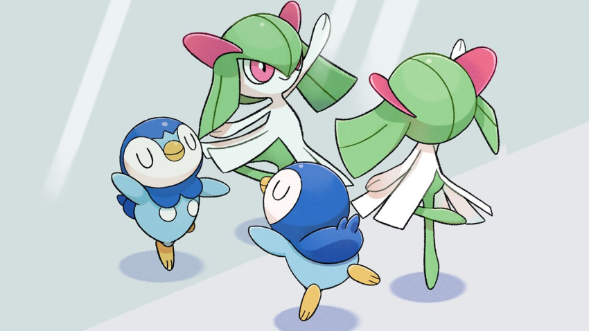 arm_up closed_eyes closed_mouth commentary_request dancing kirlia leg_up official_art pink_eyes piplup pokemon pokemon_(creature) project_pochama smile toes