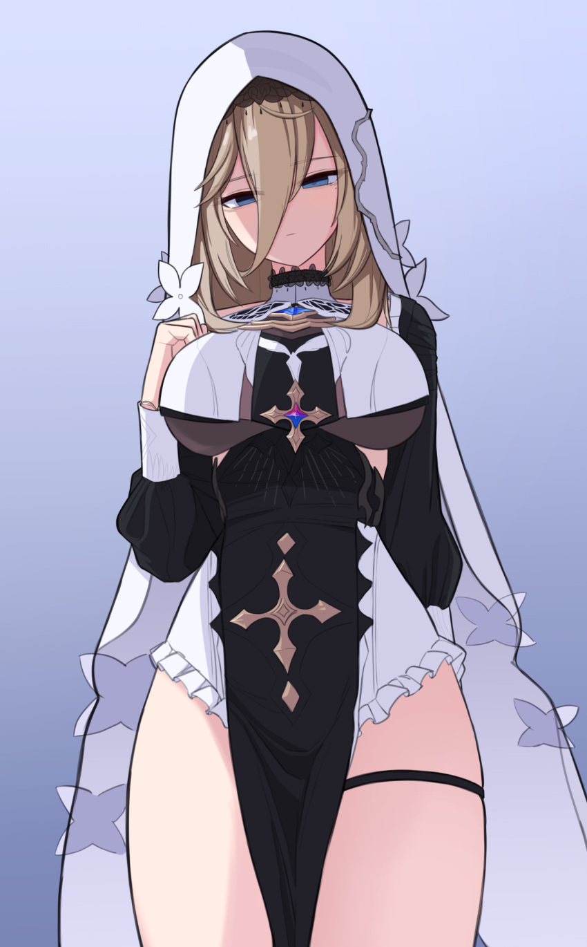 aponia_(honkai_impact) bebetang black_dress blue_eyes breast_curtains breasts brown_hair closed_mouth cowboy_shot cross dress expressionless female frilled_dress frills gradient_background hair_between_eyes hand_up highres honkai_(series) honkai_impact_3rd large_breasts long_bangs long_hair long_sleeves looking_at_viewer mole mole_under_eye nun pelvic_curtain skindentation solo standing thigh_strap thighs veil