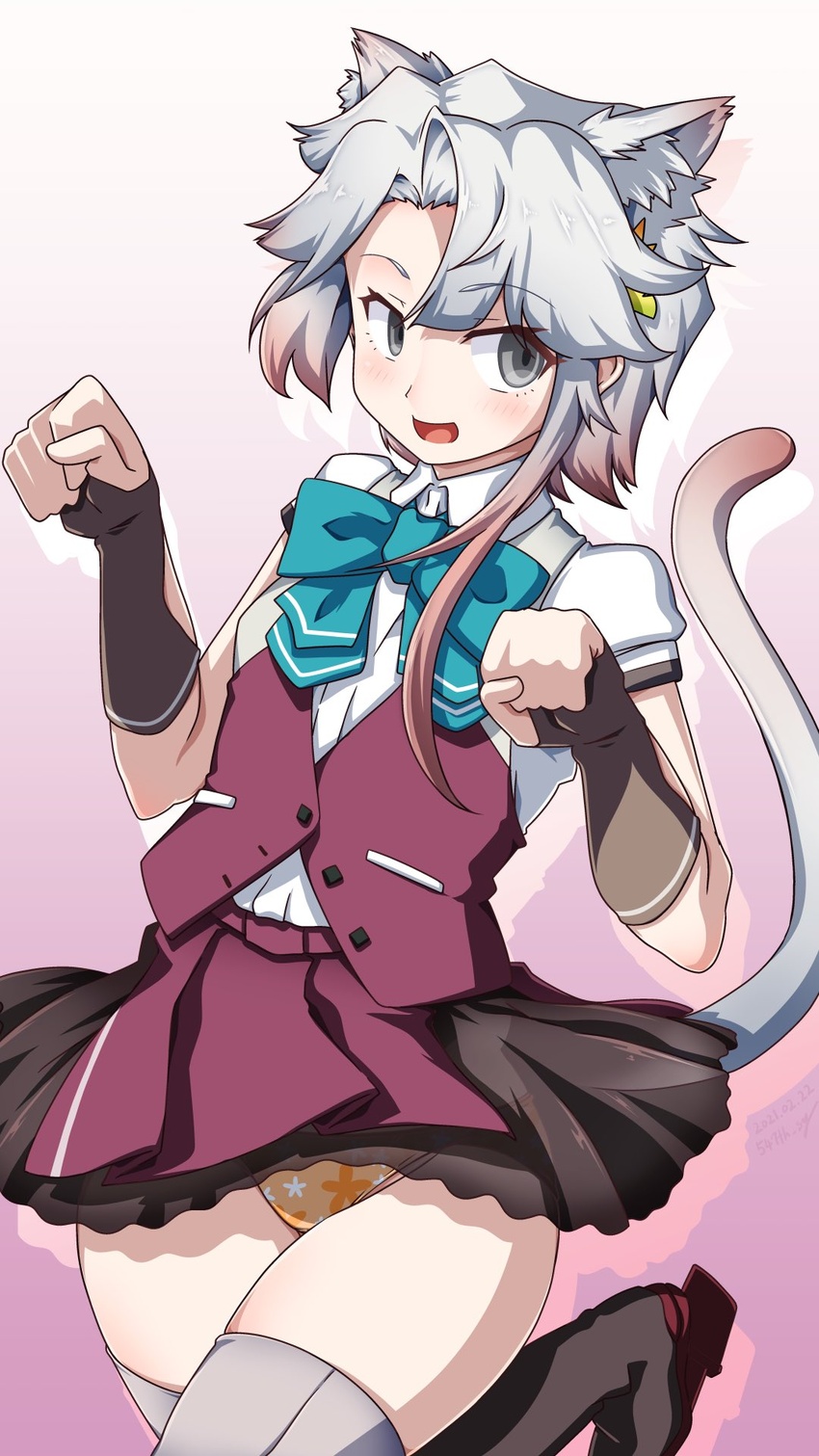 547th_sy akishimo_(kancolle) animal_ear_fluff animal_ears asymmetrical_bangs asymmetrical_hair black_gloves blue_bow blue_bowtie blush bow bowtie brown_hair cat_day cat_ears cat_tail commentary_request female fingerless_gloves gloves gradient_background gradient_hair grey_eyes grey_hair grey_thighhighs hair_ornament highres kantai_collection leaf_hair_ornament leg_up multicolored_hair open_mouth orange_panties original_remodel_(kantai_collection) outline panties paw_pose purple_skirt purple_vest rudder_footwear shirt short_sleeves simple_background skirt solo tail thighhighs underwear vest white_shirt