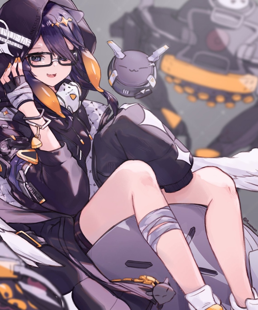 alternate_costume black_gloves black_jacket blush commentary english_commentary female fingerless_gloves glasses gloves gradient_hair highres hololive hololive_english jacket long_hair looking_at_viewer mask mask_around_neck mecha mechanization mole mole_under_eye multicolored_hair mythbreakers_(hololive_english) ninomae_ina'nis oerba_yun_fang one-eyed orange_hair potssmann purple_eyes purple_hair red_eyes revision robot sidelocks sitting smile solo takodachi_(ninomae_ina'nis) tentacle_hair virtual_youtuber world_of_darkness yuul_b_alwright_(mythbreakers)