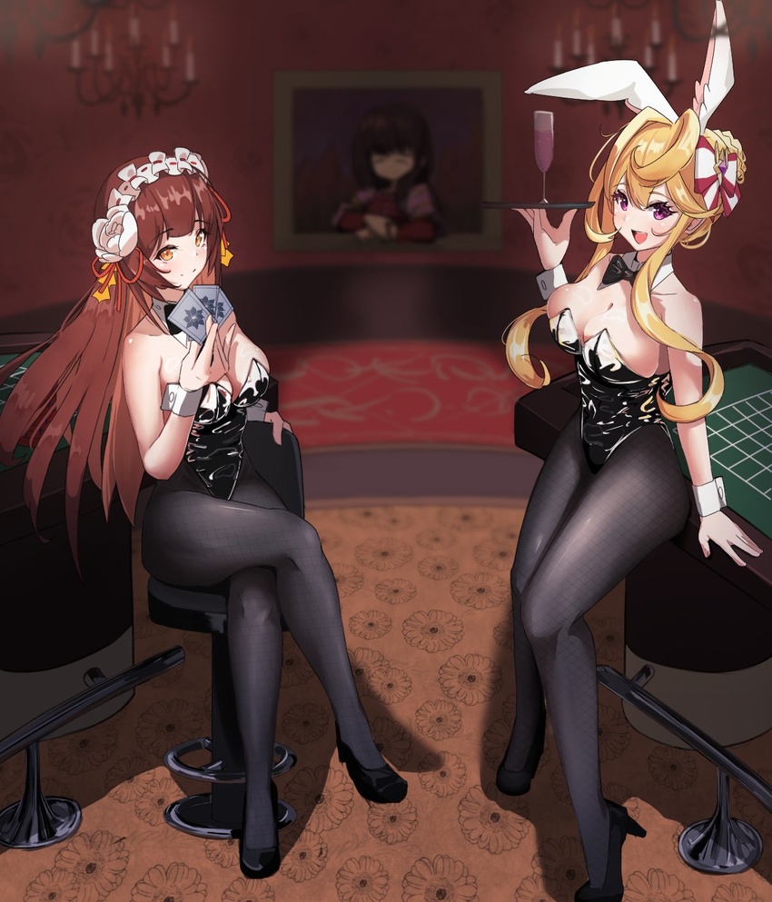 2girls :d animal_ears bare_arms bare_shoulders black_footwear black_pantyhose blonde_hair blunt_bangs blush bow bowtie breasts brown_hair card casino_card_table champagne_flute chandelier chinese_knot christmas_spirit_carol cleavage closed_mouth commentary crossed_legs cup detached_collar drinking_glass exorcist_miya flower frilled_hairband frills guardian_tales hair_between_eyes hair_flower hair_ornament hairband hairbow high_heels highres holding holding_tray indoors large_breasts leotard long_hair looking_at_viewer medium_breasts multiple_girls open_mouth painting_(object) pantyhose playboy_bunny playing_card purple_eyes rabbit_ears red_ribbon ribbon shootingstar_masa sitting smile strapless strapless_leotard swivel_chair table tray wing_collar wrist_cuffs yellow_eyes