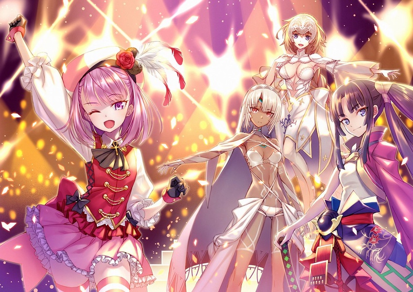 4girls altera_(fate) altera_(lostroom_outfit)_(fate) ascot bare_shoulders beret bikini black_gloves black_hair blonde_hair blue_eyes blush body_markings braid braided_ponytail breasts cleavage dark-skinned_female dark_skin dress fate/grand_order fate_(series) flower gloves hair_bun hat hat_feather hat_flower headpiece helena_blavatsky_(fate) helena_blavatsky_(lostroom_outfit)_(fate) jeanne_d'arc_(fate) jeanne_d'arc_(lostroom_outfit)_(fate) katana large_breasts long_hair long_sleeves looking_at_viewer matsuryuu medium_breasts multiple_girls navel obi one_eye_closed open_mouth parted_bangs pink_legwear pink_skirt purple_eyes purple_hair red_eyes red_vest sash shirt short_hair side_ponytail sidelocks single_bare_shoulder single_hair_bun single_side_bun single_sleeve skirt small_breasts smile standing striped_clothes striped_thighhighs swimsuit sword thighhighs thighs ushiwakamaru_(fate) ushiwakamaru_(lostroom_outfit)_(fate) veil very_long_hair vest weapon white_bikini white_dress white_hair white_headwear white_shirt