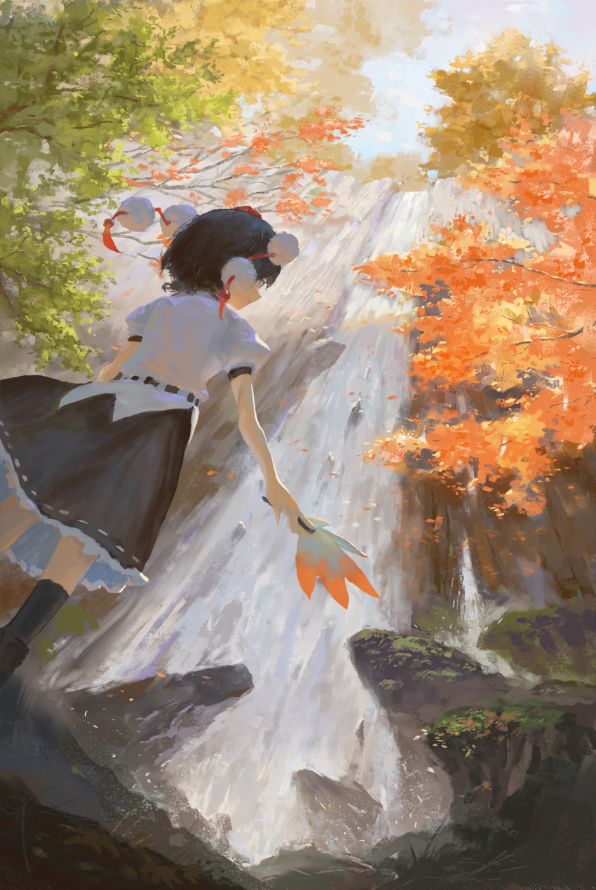 autumn autumn_leaves back black_hair black_ribbon black_skirt black_socks bunbunmaru collared_shirt female fjsmu frilled_skirt frills from_behind geta hat hauchiwa highres impressionism kourindou_tengu_costume leaf_print mountain mountain_of_faith nature outdoors pom_pom_(clothes) red_eyes ribbon shameimaru_aya shirt skirt socks solo tengu tengu-geta tokin_hat touhou water waterfall white_shirt