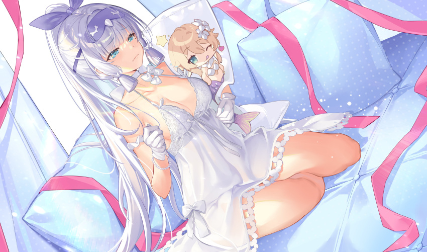 absurdres bad_id bad_twitter_id bare_shoulders blue_eyes breasts cleavage collarbone dakimakura_(object) female genshin_impact gloves hair_ornament highres kamisato_ayaka kikimi large_breasts long_hair lumine_(genshin_impact) one_eye_closed pillow ponytail sitting solo thighs white_gloves white_hair