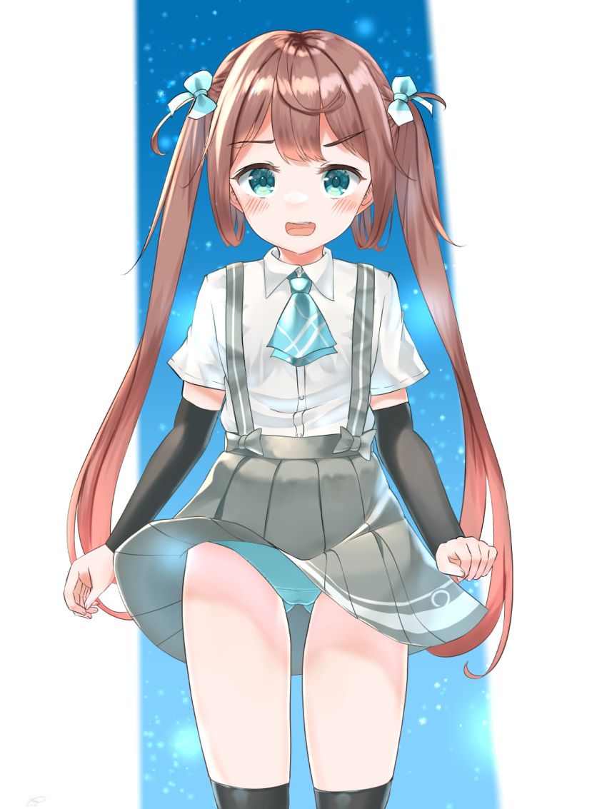 aqua_eyes aqua_panties arm_warmers asagumo_(kancolle) ascot ass_visible_through_thighs black_thighhighs blue_ascot blue_background brown_hair collared_shirt commentary commentary_request female hair_between_eyes hair_ribbon highres kantai_collection long_hair makiyuki open_mouth over-kneehighs panties pleated_skirt ribbon shirt skirt solo suspenders thighhighs twintails underwear white_background white_shirt