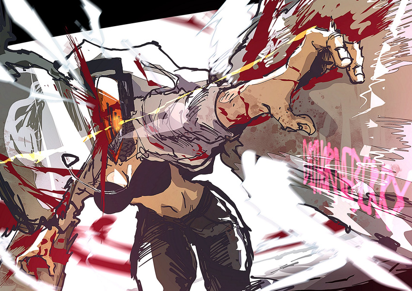 black_pants blood blood_on_clothes blood_on_face blood_on_hands blood_on_weapon blood_spray breasts chainsaw_man collared_shirt denji_(chainsaw_man) female genderswap_(mtf) glowing glowing_eye highres isaacchief300 medium_breasts midriff pants rule_63 sharp_teeth shirt solo teeth thick_thighs thighs weapon white_background white_shirt