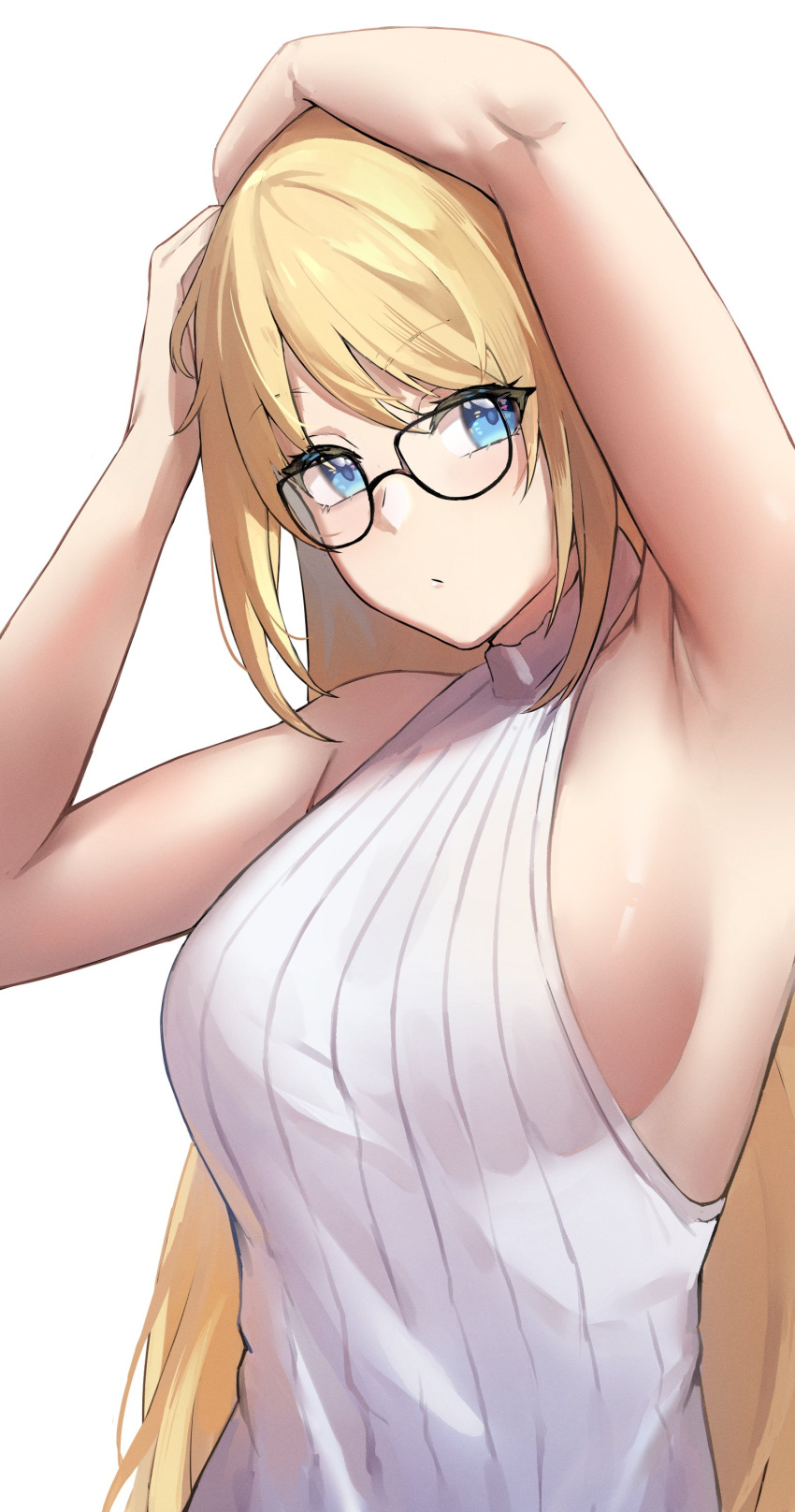 absurdres alternate_costume alternate_hairstyle arm_over_head armpits blue_eyes breasts commentary dobure18 female glasses highres long_hair medium_breasts meme_attire nijisanji nijisanji_id ribbed_sweater sideboob solo sweater upper_body very_long_hair virgin_killer_sweater virtual_youtuber white_background white_sweater zea_cornelia