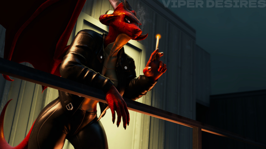 16:9 2023 3d_(artwork) anthro artist_name breasts cigarette claws clothing detailed_background digital_media_(artwork) dragon dragon_(petruz) dragon_wings female fingers hi_res horn jacket leather leather_clothing leather_jacket leather_topwear leggings legwear long_tail multicolored_body multicolored_scales mythological_creature mythological_scalie mythology night outside petruz_(copyright) red_body red_eyes red_scales scales scalie smoking smoking_cigarette snout solo source_filmmaker_(artwork) tail topwear tube_top two_tone_body two_tone_scales viper-desires watermark widescreen wings yellow_body yellow_scales