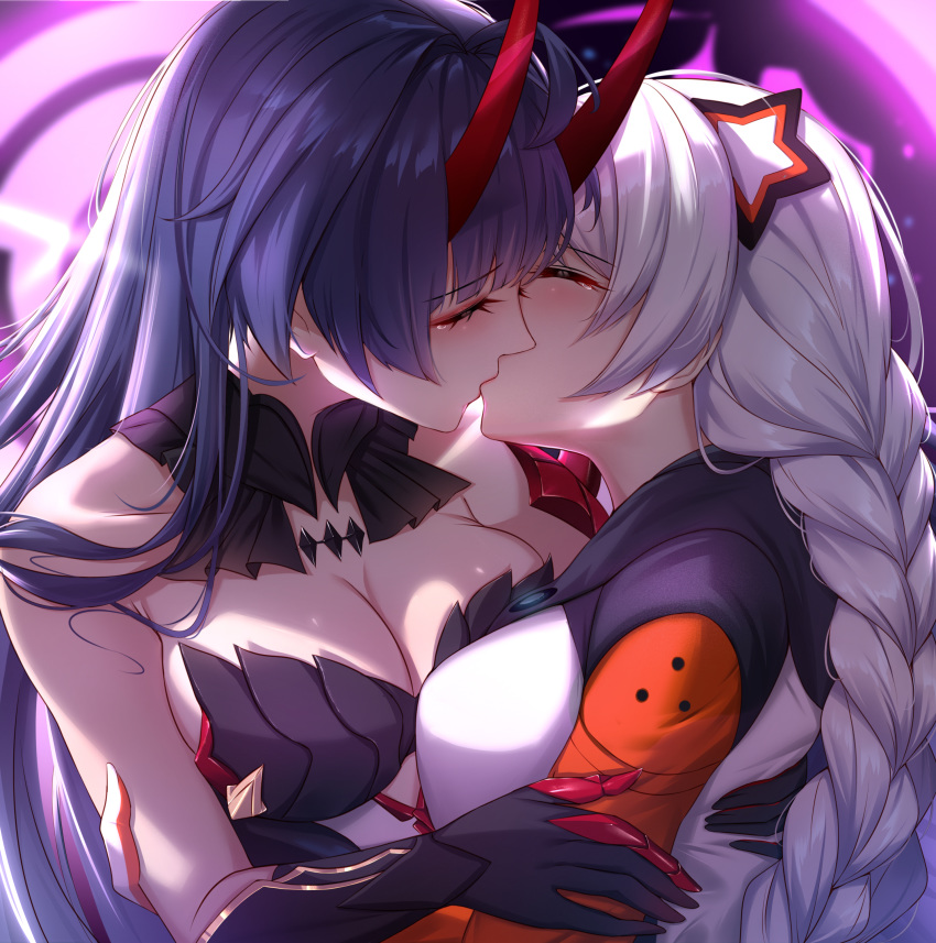 2girls absurdres arm_guards arms_around_back bad_id bad_pixiv_id bare_shoulders blunt_bangs blush braid breasts chinese_commentary cleavage closed_eyes collarbone commentary_request gloves hand_on_another's_arm hand_on_another's_back highres holding holding_person honkai_(series) honkai_impact_3rd hood horns jacket kiana_kaslana kiana_kaslana_(white_comet) kissing large_breasts long_hair long_sleeves medium_breasts multicolored_clothes multiple_girls oni_horns orange_sleeves purple_hair raiden_mei raiden_mei_(herrscher_of_thunder) red_horns tears very_long_hair white_gloves white_hair wu_ganlan_cai yuri