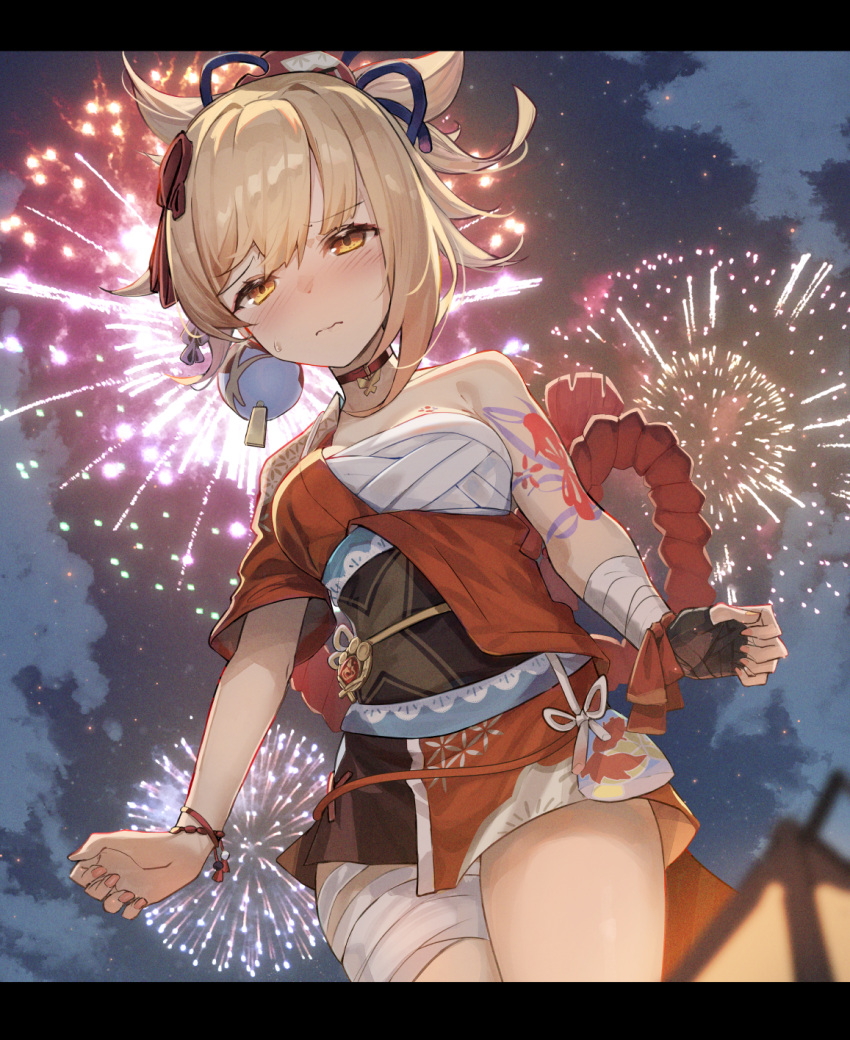 arm_tattoo bandaged_arm bandaged_hand bandaged_leg bandages blonde_hair blush breasts brown_eyes chest_sarashi choker closed_mouth confession cowboy_shot female fireworks genshin_impact hair_between_eyes highres hopepe japanese_clothes kimono looking_at_viewer medium_breasts night night_sky orange_kimono ponytail sarashi sky solo sweatdrop tattoo yoimiya_(genshin_impact)