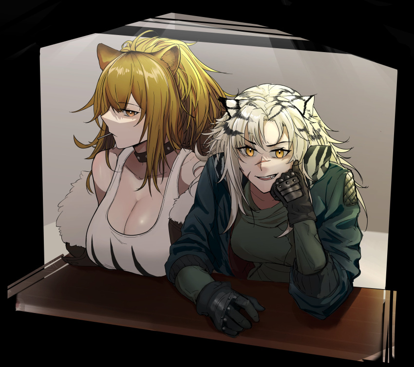 2girls absurdres animal_ears arknights black_collar black_gloves black_hair blue_jacket breasts brown_eyes brown_hair candy cleavage collar food fur-trimmed_jacket fur_trim gloves green_shirt gwangvt highres indra_(arknights) jacket large_breasts lion_ears lion_girl lollipop long_sleeves looking_at_viewer mouth_hold multicolored_hair multiple_girls oerba_yun_fang open_clothes open_jacket open_mouth ponytail scar scar_on_face scar_on_nose shirt siege_(arknights) sitting streaked_hair striped_hair studded_collar table tank_top tiger_ears tiger_girl white_hair white_tank_top yellow_eyes