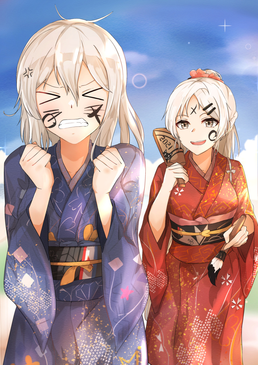 2021 2girls absurdres angry blue_sky closed_eyes commentary_request facepaint girls'_frontline grey_eyes grey_hair hair_ornament hair_ribbon hands_up happy_new_year highres holding ink japanese_clothes kimono long_hair looking_at_another multiple_girls muteppona_hito new_year open_mouth red_ribbon ribbon simple_background sky smile svd_(girls'_frontline) tassel white_hair zas_m76_(girls'_frontline)