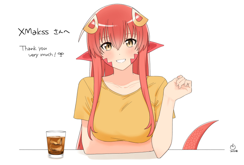 absurdres blush breasts clenched_teeth collarbone commentary_request commission commissioner_upload cup drinking_glass female fingernails hair_between_eyes hair_ornament highres ice ice_cube lamia large_breasts long_hair looking_at_viewer miia_(monster_musume) monster_girl monster_musume_no_iru_nichijou pink_nails pointy_ears red_hair scales shirt sidelocks skeb_commission slit_pupils smile solo suika_aji teeth white_background yellow_eyes