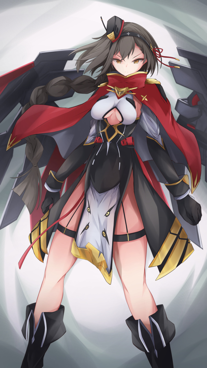 absurdres armpit_cutout azur_lane bad_id bad_pixiv_id black_footwear black_gloves black_hair black_hairband black_skirt boots braid braided_ponytail breasts clenched_hand cloak clothing_cutout commentary_request crop_top eagle_(azur_lane) elbow_gloves female garter_straps gloves hair_between_eyes hairband headgear high-waist_skirt highres knee_boots large_breasts long_hair looking_at_viewer osatou_(soul_of_sugar) pelvic_curtain red_cloak rigging shirt sideboob sidelocks skirt solo standing thigh_strap underboob underboob_cutout very_long_hair white_shirt wrist_cuffs yellow_eyes