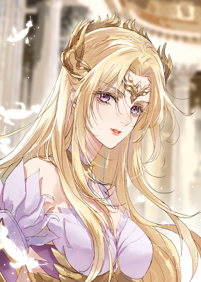 bare_shoulders blonde_hair blurry blurry_background collar douluo_dalu dress feathers female hair_ornament highres indoors long_hair looking_at_viewer qian_renxue_(douluo_dalu) qian_renxue_zhuye solo upper_body