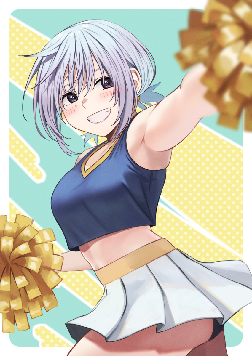 arm_up black_panties blush border breasts cheerleader chris_(konosuba) commentary_request female from_side green_background grey_hair grin high-waist_skirt highres holding holding_pom_poms izawa_(bhive003) kono_subarashii_sekai_ni_shukufuku_wo! medium_hair midriff panties pom_pom_(cheerleading) skirt smile solo teeth underwear white_border yellow_background