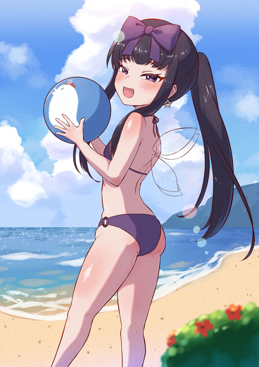 :d absurdres ass back ball beach beachball bikini black_hair blue_sky blush body_blush bow breasts cloud commentary_request cookie_(touhou) day earrings fairy_wings feet_out_of_frame female hairbow highres hime_cut holding holding_ball holding_beachball horizon jewelry long_hair looking_at_viewer o-ring o-ring_bottom ocean open_mouth outdoors plant ponytail purple_bikini purple_bow purple_eyes shunga_youkyu sidelocks sky small_breasts smile solo sparkle star_(symbol) star_earrings star_sapphire swimsuit the_chicken_that_appears_in_the_middle_of_cookie thighs touhou tsugumi_amon water wings