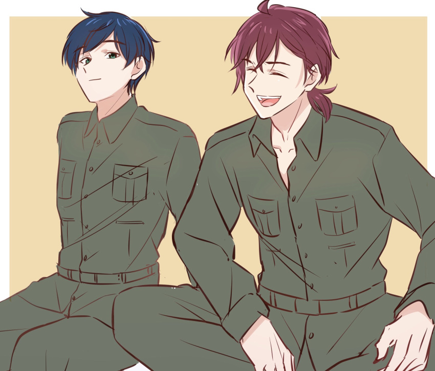 2boys ahoge bad_id bad_pixiv_id beige_background belt blue_hair brown_hair buttons claudia_hodgins closed_mouth collar collarbone collared_shirt commentary_request dark_blue_hair gilbert_bougainvillea green_eyes grey_pants grey_shirt hair_between_eyes highres long_sleeves looking_at_viewer male_focus military military_uniform multiple_boys open_mouth pants pocket shin_(shinshan427) shirt short_hair short_ponytail simple_background sitting smile uniform violet_evergarden_(series)