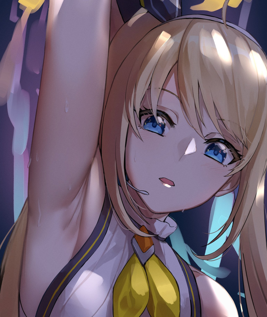 arm_up armpits blonde_hair blue_eyes commentary dobure18 english_commentary female headset highres long_hair looking_at_viewer neckerchief nijisanji nijisanji_id open_mouth portrait solo sweat twintails virtual_youtuber yellow_neckerchief zea_cornelia