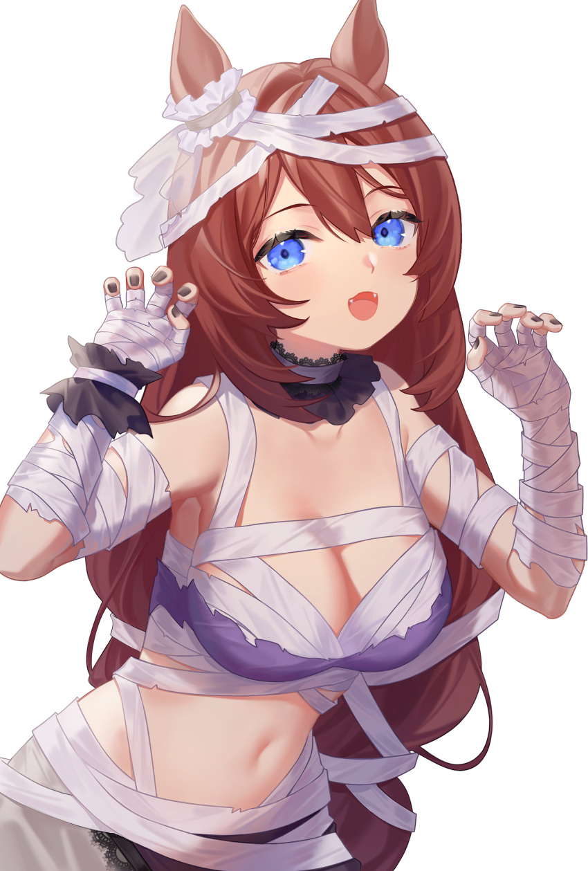 :d animal_ears bandaged_arm bandages bare_shoulders black_neckwear blue_eyes blush breasts brown_hair claw_pose cleavage collarbone commentary_request cowboy_shot ear_ornament fangs female halloween_costume hands_up highres horse_ears lace_trim large_breasts leaning_forward littleamber long_hair looking_at_viewer navel official_alternate_costume simple_background smile solo super_creek_(chiffon_ribbon_mummy)_(umamusume) super_creek_(umamusume) torn_clothes umamusume very_long_hair white_background wrist_cuffs