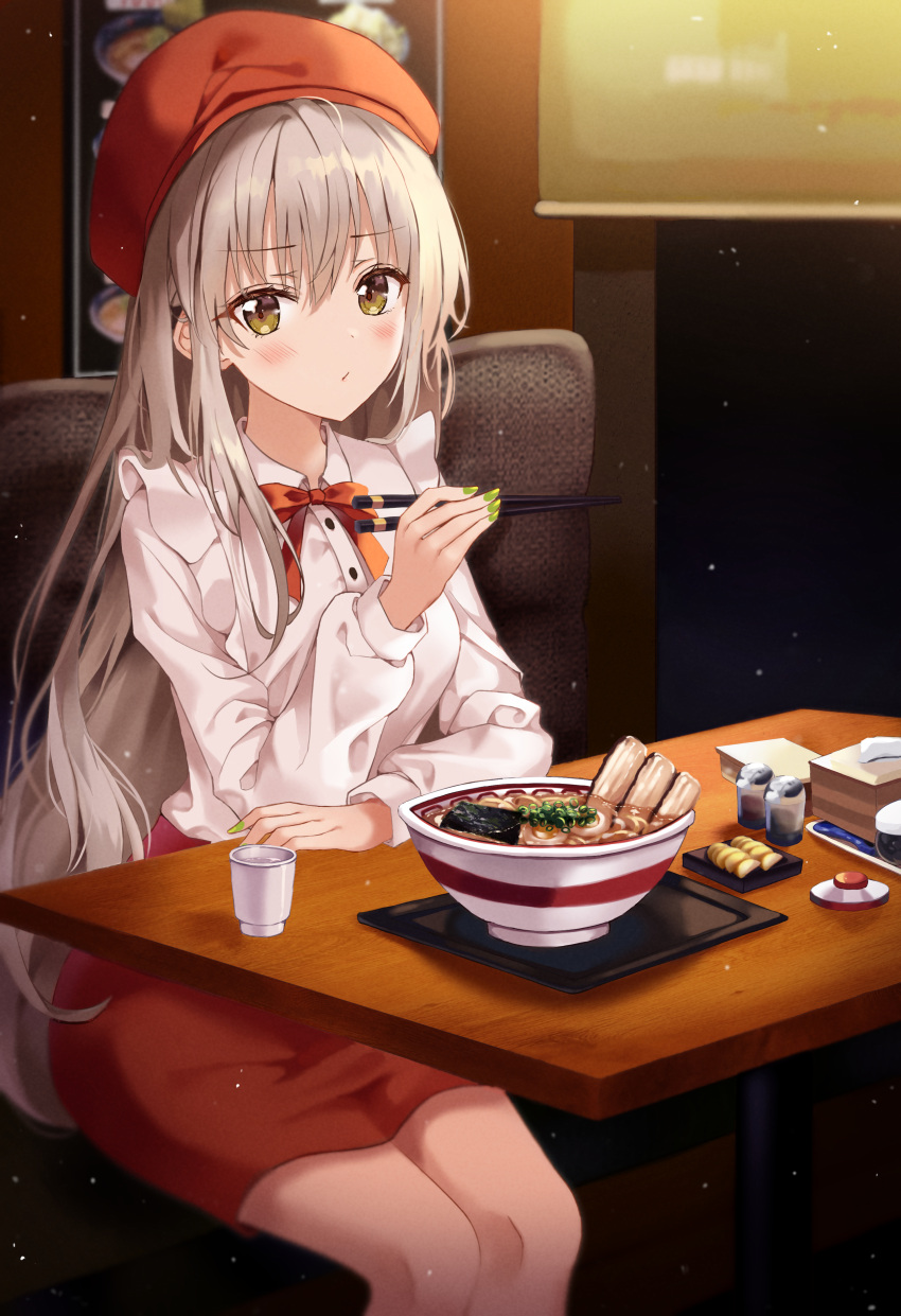 absurdres bad_id bad_pixiv_id bow bowtie chopsticks closed_mouth commentary cup female food grey_hair highres holding holding_chopsticks indoors legs_together long_hair looking_at_viewer nail_polish noodles original pepper_shaker ramen red_bow red_bowtie red_headwear red_skirt restaurant salt_shaker shaffelli shirt sidelocks sitting skirt solo symbol-only_commentary table tray waitress white_shirt yellow_eyes