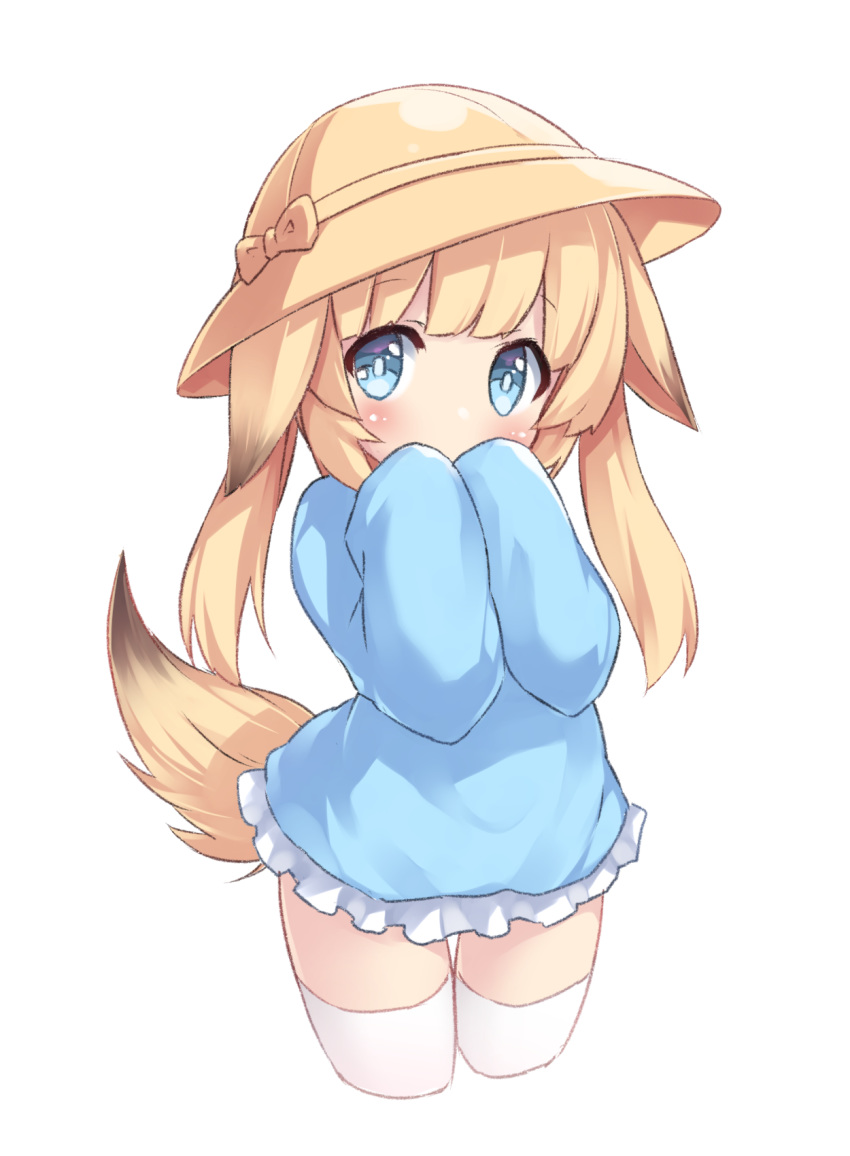 animal_ears arms_up blonde_hair blue_eyes blue_shirt covering_own_mouth female fox_ears fox_tail hand_to_own_mouth hat highres kemomimi_oukoku_kokuei_housou kindergarten_uniform lolicon long_hair mikoko_(kemomimi_oukoku_kokuei_housou) school_hat shirt simple_background skirt sleeves_past_wrists solo tail tamase_tama thigh_gap thighhighs twintails virtual_youtuber white_background white_skirt white_thighhighs yellow_hat zettai_ryouiki