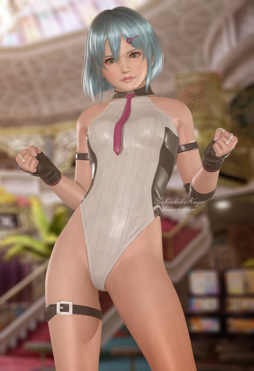 3d bad_deviantart_id bad_id blue_hair blush breasts dead_or_alive dead_or_alive_6 elbow_pads female fingerless_gloves gloves green_eyes hair_ornament highres looking_at_viewer medium_breasts necktie nico_(doa) one-piece_swimsuit sabishikukage short_hair solo swimsuit thigh_strap