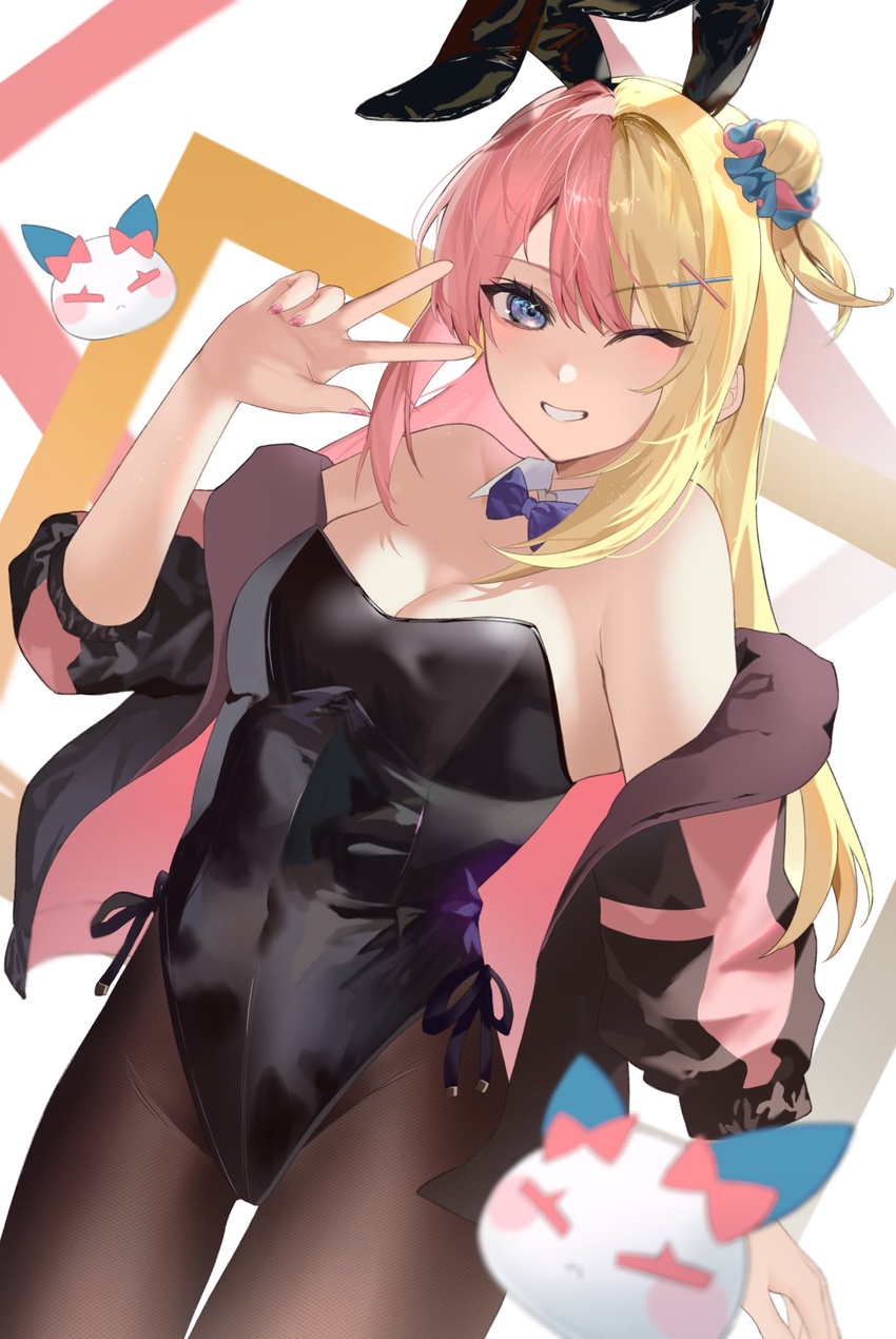 animal_ears black_leotard black_pantyhose blonde_hair blue_eyes bow bowtie commentary detached_collar fake_animal_ears female hair_bun hair_ornament highres jacket kotoka_torahime leotard long_hair multicolored_hair nijisanji nijisanji_en one_eye_closed open_clothes open_jacket pantyhose pink_hair pink_nails playboy_bunny purple_bow purple_bowtie rabbit_ears rabbit_tail satchi_(sattytabunnhenn) solo split-color_hair strapless strapless_leotard tail v virtual_youtuber x_hair_ornament