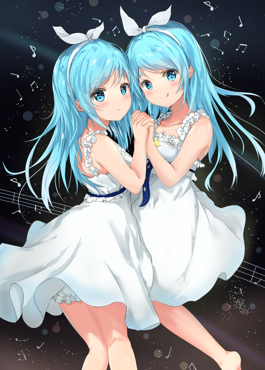 2girls :q absurdres aqua_eyes aqua_hair bare_shoulders beamed_eighth_notes blush bow_hairband closed_mouth dress feet_out_of_frame hair_ribbon hairband highres holding_hands interlocked_fingers long_hair looking_at_viewer multiple_girls musical_note na_kyo near_(sound_voltex) noah_(sound_voltex) quarter_note ribbon siblings sisters smile sound_voltex staff_(music) thick_eyebrows tongue tongue_out twins white_dress white_hairband white_ribbon