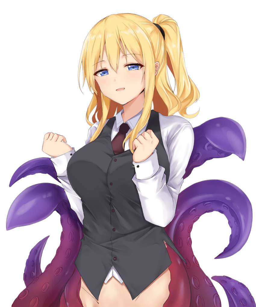 absurdres black_vest blonde_hair blue_eyes breasts buttons clenched_hands collared_shirt commentary dinosaurus_(azimangasaurus) english_commentary existence female game_cg hair_between_eyes half-closed_eyes hands_up highres large_breasts long_hair long_sleeves looking_at_viewer monster_girl necktie nell_(existence) one_side_up open_mouth scylla shirt sidelocks simple_background solo standing suction_cups tentacle vest white_background white_shirt wing_collar