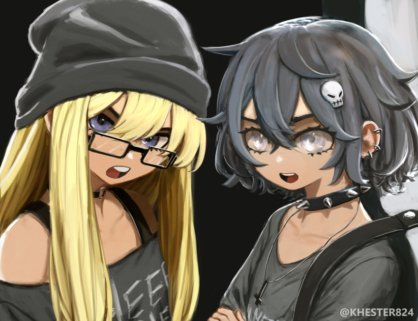 2girls backpack bad_id bad_twitter_id bag beanie black-framed_eyewear black_background black_choker black_hair black_headwear black_shirt blind_girl_(popopoka) blonde_girl_(popopoka) blue_eyes borrowed_character choker collar collarbone commentary cross crossed_bangs earrings english_text glasses grey_background grey_eyes hair_between_eyes hair_ornament hat highres inactive_account jewelry khester824 long_hair looking_at_viewer multiple_girls necklace o-ring o-ring_choker off-shoulder_shirt off_shoulder open_mouth original shirt skull_hair_ornament spiked_collar spikes teeth twitter_username upper_body upper_teeth_only watermark