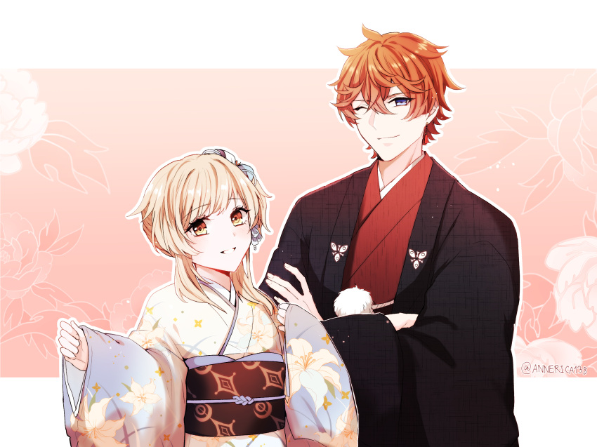 1boy annerica artist_name black_kimono blonde_hair blue_eyes crossed_arms female floral_background floral_print flower genshin_impact hair_flower hair_ornament highres japanese_clothes kimono looking_at_viewer lumine_(genshin_impact) one_eye_closed orange_hair parted_lips short_hair smile tartaglia_(genshin_impact) upper_body yellow_eyes