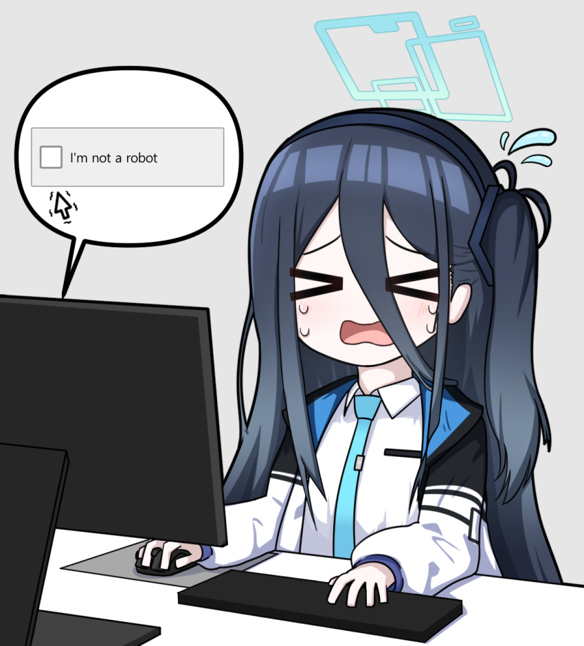 >_< aris_(blue_archive) black_hairband blue_archive blue_hair blush breast_pocket captcha collared_shirt computer_keyboard computer_mouse cursor dark_blue_hair english_commentary female flying_sweatdrops furrowed_brow grey_background hair_between_eyes hairband highres jacket long_hair long_hair_between_eyes monitor mora_(moragooyoo) mousepad_(object) necktie open_mouth pocket school_uniform shirt simple_background solo speech_bubble sweatdrop trembling wavy_mouth