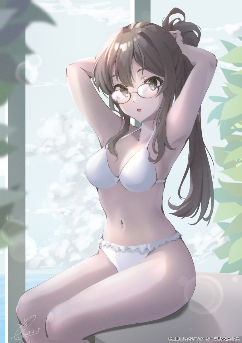 armpits arms_behind_head bikini breasts brown_eyes brown_hair commentary_request female frilled_bikini frills futaba_rio glasses highres holding holding_own_hair medium_breasts navel ponytail raiz_art_works seishun_buta_yarou solo swimsuit white_bikini