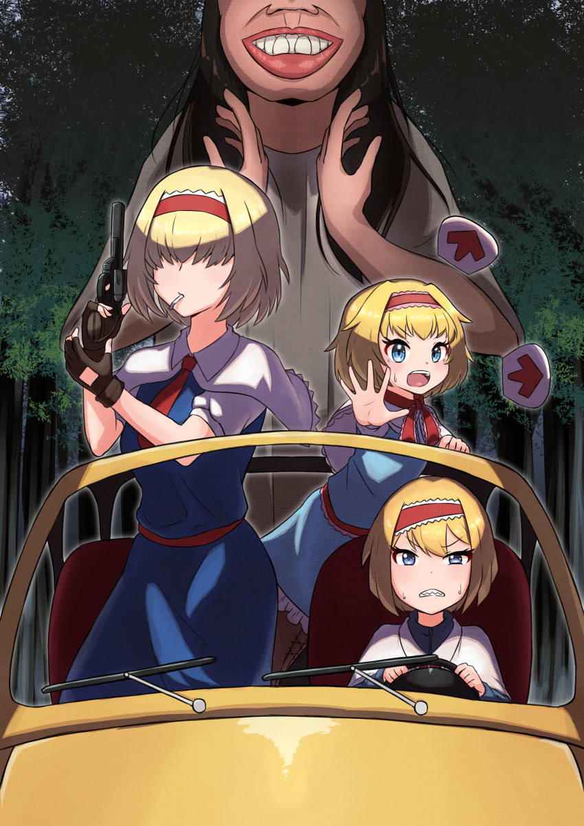 4girls absurdres algodoo alice_margatroid arrow_(symbol) blonde_hair blue_dress blue_eyes blush boots brown_footwear brown_hair capelet car cigarette clenched_teeth closed_mouth collared_capelet commentary_request cookie_(touhou) dress driving feet_out_of_frame frilled_capelet frills gun hair_between_eyes hair_over_eyes hairband handgun highres holding holding_gun holding_weapon ichigo_(cookie) jeep jigen_(cookie) long_hair looking_at_viewer manatsu_no_yo_no_inmu motor_vehicle multiple_girls necktie open_mouth pinky_(inmu) red_hairband red_necktie revolver steering_wheel taisa_(cookie) teeth touhou tree tsugumi_amon weapon white_capelet yellow_car