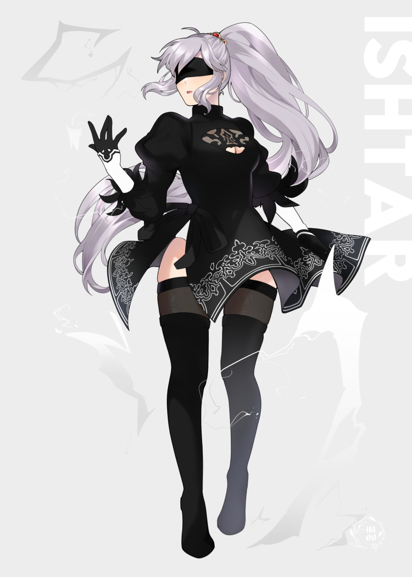 2b_(nier:automata) 2b_(nier:automata)_(cosplay) \||/ absurdres alternate_costume artist_name blindfold boots cosplay covered_eyes female fire_emblem fire_emblem:_genealogy_of_the_holy_war fire_emblem_heroes floating_hair full_body gloves grey_hair hair_ornament hand_up hannreina highres ishtar_(fire_emblem) jewelry leotard leotard_peek long_hair looking_at_viewer nier:automata nier_(series) open_mouth ponytail purple_eyes simple_background solo thighhighs variant_set very_long_hair watermark white_leotard