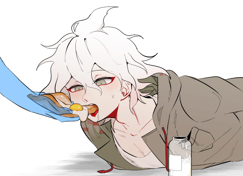 1boy bottle bread bread_slice breast_pocket danganronpa_(series) danganronpa_2:_goodbye_despair drawstring drooling eating english_commentary food fried_egg fried_egg_on_toast grey_eyes grey_hoodie hair_between_eyes highres hood hoodie komaeda_nagito looking_at_food lying male_focus messy_hair milk_bottle on_stomach pocket seumol_sx shirt short_hair sweat teeth toast tongue tongue_out upper_teeth_only white_background white_hair white_shirt