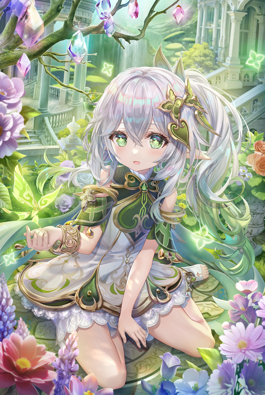 :d arch bare_shoulders bellflower blue_flower bracer branch building colored_tips column commentary_request cross-shaped_pupils crossed_bangs crystal crystalfly_(genshin_impact) detached_sleeves dot_nose dress elf feet female flower flower_request gem genshin_impact gradient_hair green_eyes green_gemstone green_hair hair_ornament hand_on_ground highres lace_trim leaf_hair_ornament light_blush looking_at_viewer lupinus_(flower) multicolored_hair nahida_(genshin_impact) nature no_shoes on_floor outstretched_hand parted_lips pillar pink_flower pointy_ears purple_flower purple_rose red_flower rose scenery short_dress short_sleeves shorts side_ponytail sidelocks sitting sleeveless sleeveless_dress smile socks solo stairs stirrup_legwear symbol-shaped_pupils thighs toeless_legwear toes torino_aqua tree two-tone_dress two-tone_hair water waterfall white_dress white_flower white_hair white_shorts white_socks yokozuwari