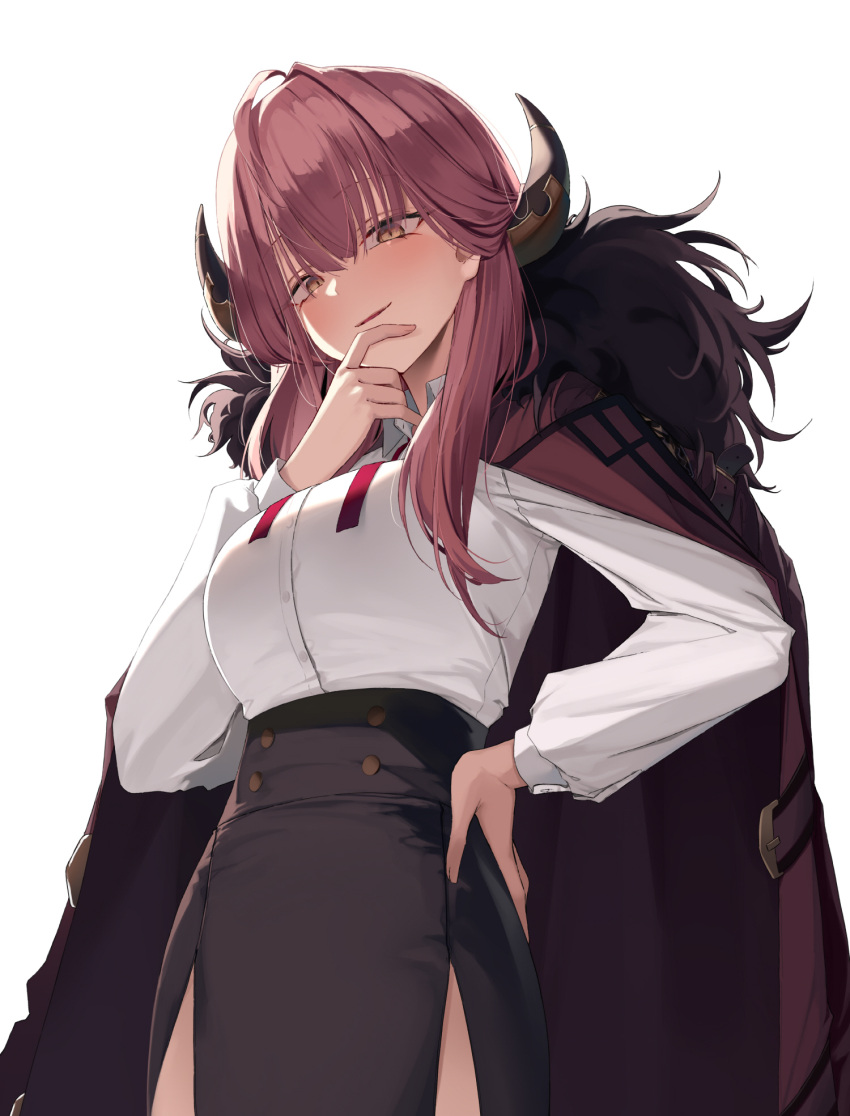 aru_(blue_archive) backlighting bad_id bad_twitter_id black_skirt blue_archive breasts brown_eyes cape collared_shirt cowboy_shot female from_above fur_collar hand_on_own_chin hand_on_own_hip high-waist_skirt highres horns large_breasts long_hair long_sleeves looking_at_viewer looking_down parted_lips pink_hair shirt shirt_tucked_in side_slit simple_background skirt smile solo soya_(torga) standing white_background white_shirt