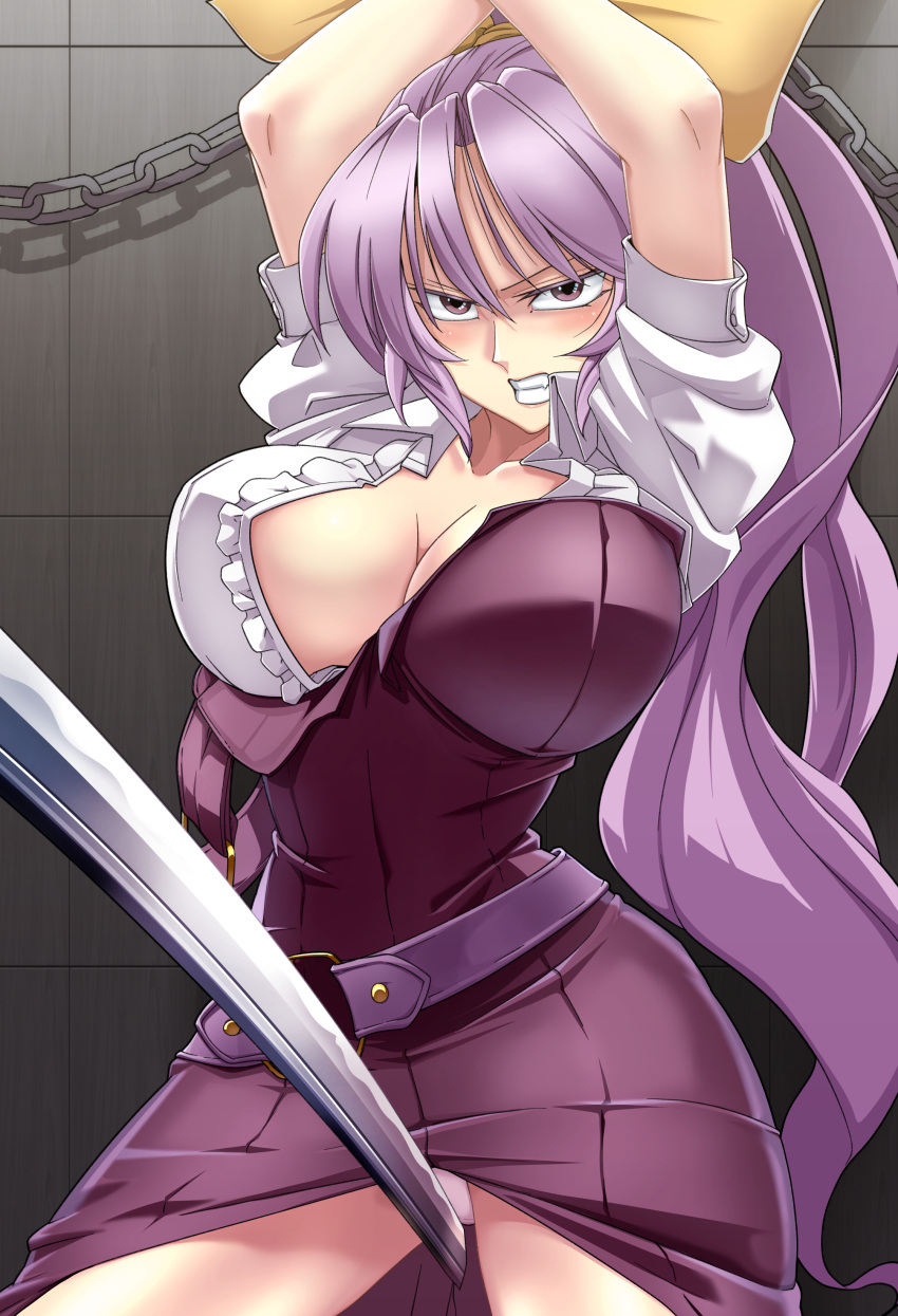 absurdres arms_up belt blush bound bound_wrists breasts brown_eyes chains cleavage clenched_teeth collarbone collared_shirt commentary_request dress female hair_ribbon highres kikoka_(mizuumi) large_breasts lips long_hair looking_at_viewer panties ponytail puffy_short_sleeves puffy_sleeves purple_belt purple_dress purple_hair ribbon shirt short_sleeves single_strap solo teeth thighs torn_clothes touhou underwear wall watatsuki_no_yorihime white_panties white_shirt wing_collar yellow_ribbon