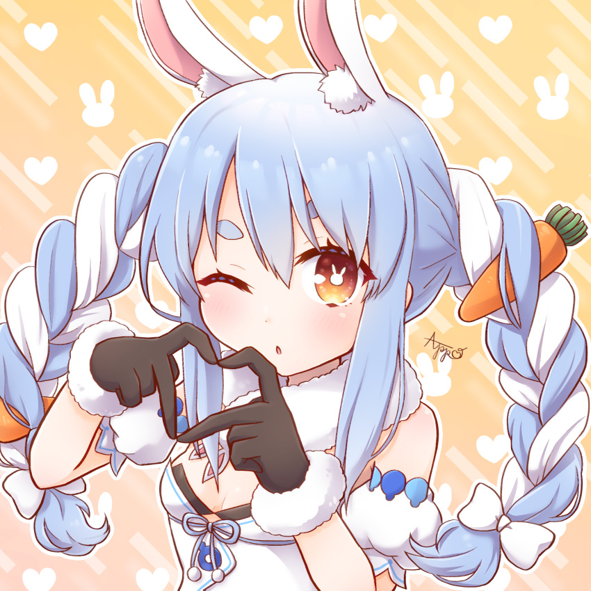 animal_ear_fluff animal_ears arm_cuffs bare_shoulders black_gloves blue_hair blush bow braid breasts brown_eyes carrot don-chan_(usada_pekora) female fur_trim gloves hairbow hands_up heart heart_hands highres hikimayu hime_ringo hololive long_hair looking_at_viewer multicolored_hair one_eye_closed parted_lips rabbit_ears rabbit_girl sash sidelocks signature sleeveless small_breasts solo standing twin_braids upper_body usada_pekora usada_pekora_(1st_costume) virtual_youtuber wristband