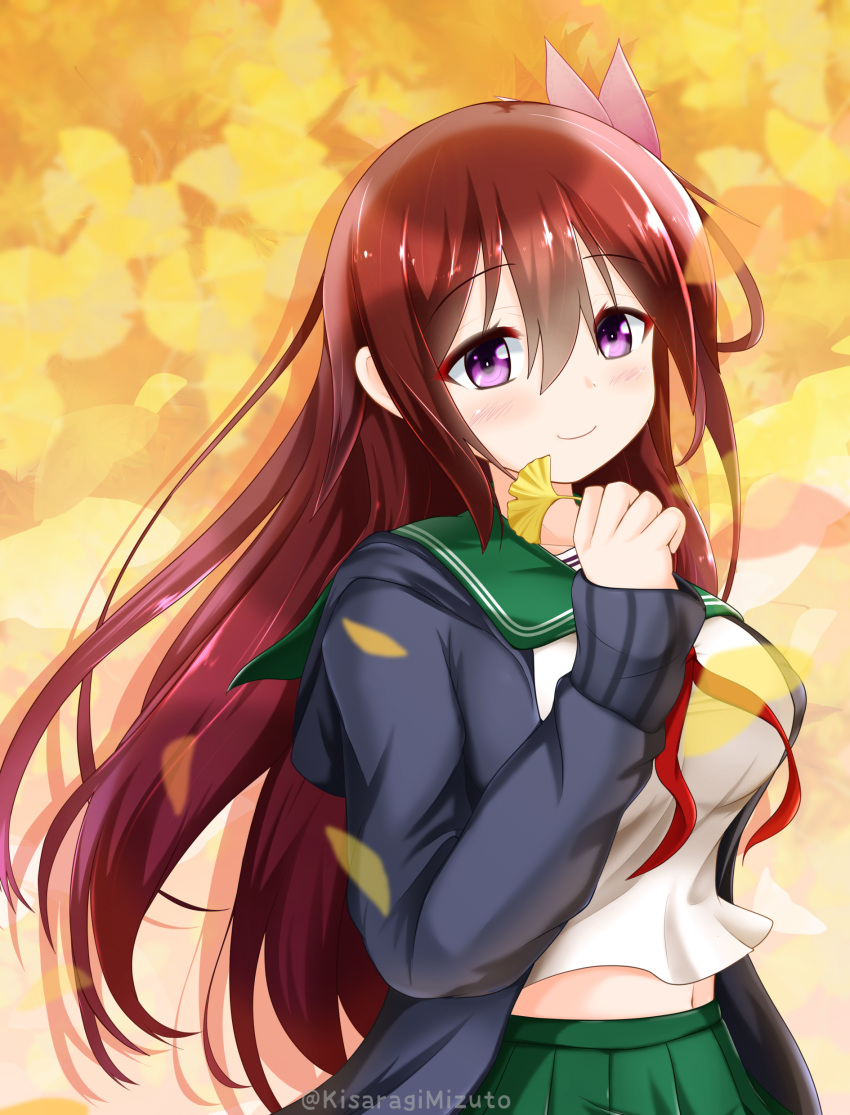 absurdres breasts brown_hair commentary_request female ginkgo_leaf green_skirt hair_ornament highres holding holding_leaf jacket kantai_collection kisaragi_(kancolle) kisaragi_kai_ni_(kancolle) kisaragi_mizuto large_breasts leaf light_blush long_hair long_sleeves looking_at_viewer midriff navel neck_ribbon orange_background pleated_skirt purple_eyes red_ribbon ribbon sailor_collar skirt smile solo upper_body