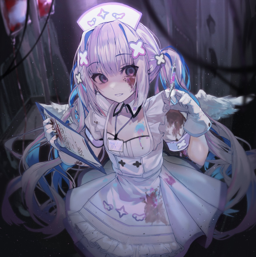 akieda amane_kanata amane_kanata_(nurse) angel_wings apron blood blood_on_clothes blood_on_face blue_hair clipboard colored_inner_hair detached_collar dress female frilled_apron frills gloves grey_hair hair_ornament hat highres holding holding_clipboard holding_syringe hololive long_hair looking_at_viewer multicolored_hair nurse nurse_cap official_alternate_costume official_alternate_hair_length official_alternate_hairstyle parted_lips pink_hair purple_eyes shaded_face short_sleeves sidelocks solo streaked_hair syringe twintails very_long_hair virtual_youtuber white_apron white_dress white_gloves wings x_hair_ornament