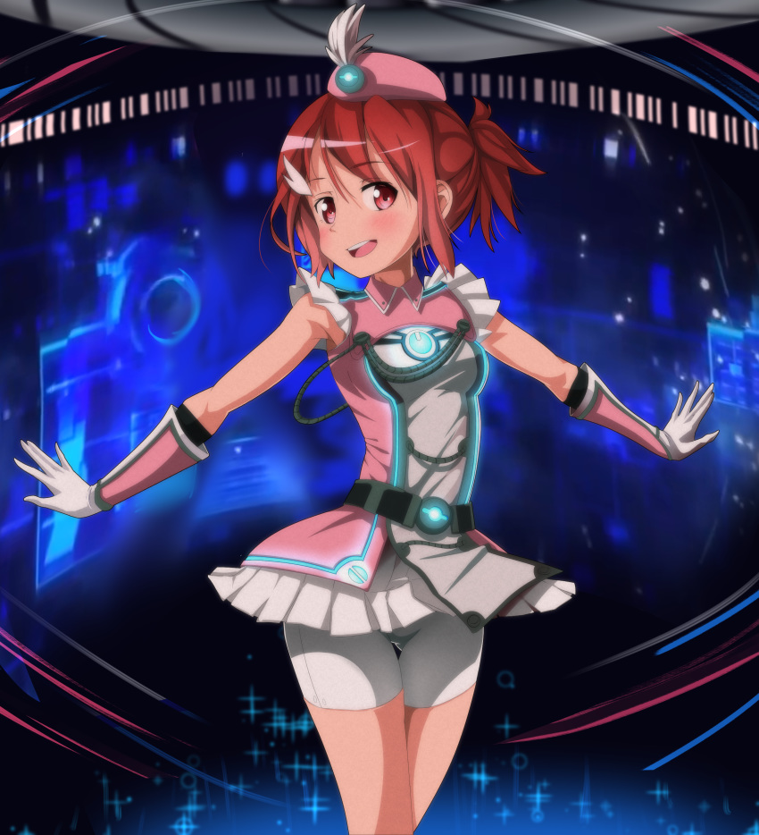 absurdres bike_shorts cosplay crossover dandere_(tetsudan) female henshin highres looking_to_the_side magical_girl open_hands outstretched_arms palette_suit red_eyes red_hair solo vividred_operation yuuki_yuuna yuuki_yuuna_wa_yuusha_de_aru yuusha_de_aru