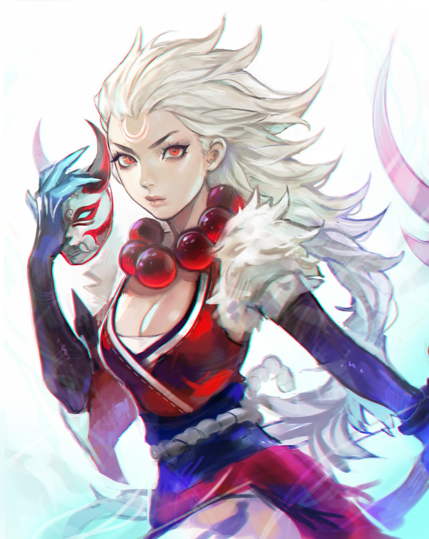 blood_moon_(league_of_legends) blood_moon_diana breasts cleavage diana_(league_of_legends) facial_mark female forehead_mark fur_trim highres jewelry large_breasts league_of_legends long_hair looking_at_viewer mask necklace oni_mask pearl_necklace red_eyes simple_background spiked_hair viorie white_background white_hair