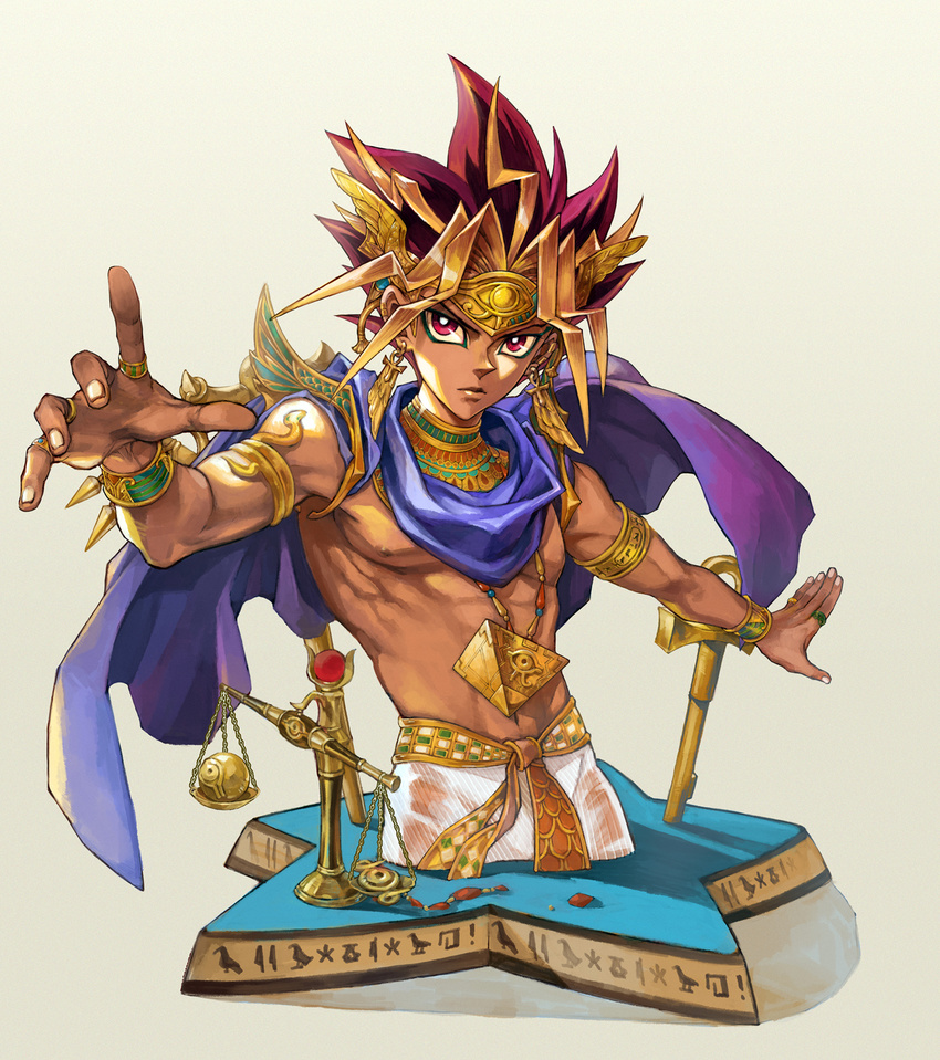 1boy abs armlet atem bare_pectorals black_hair blonde_hair broken cape circlet commentary_request dark-skinned_male dark_skin earrings egyptian eye_of_horus highres jewelry male_focus millennium_eye millennium_key millennium_puzzle millennium_ring millennium_rod millennium_scale multicolored_hair necklace pectorals photoshop_(medium) red_eyes red_hair ring seyo solo star_(symbol) upper_body wrist_cuffs yu-gi-oh! yu-gi-oh!_duel_monsters